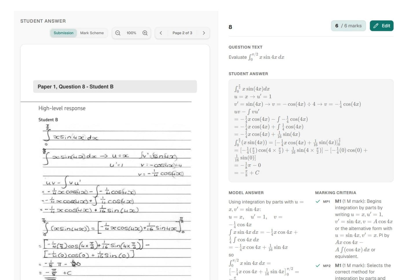 GradeDrive's production marking interface showing an A-level Mathematics integration-by-parts question, the student's handwritten working, the model answer, and the mark-by-mark criteria