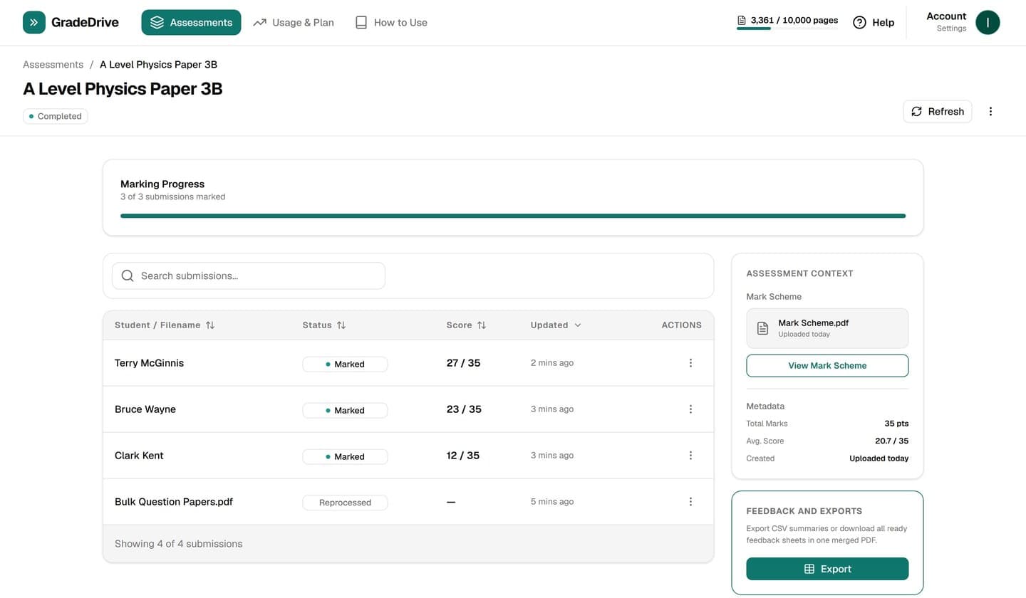 GradeDrive assessments page showing marking progress, student submission list, and export panel