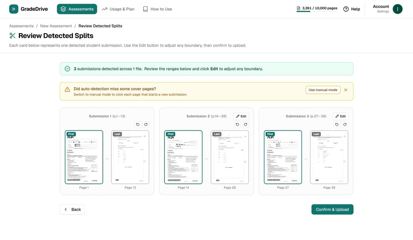 GradeDrive auto-split page showing a bulk PDF automatically divided into three individual student submissions